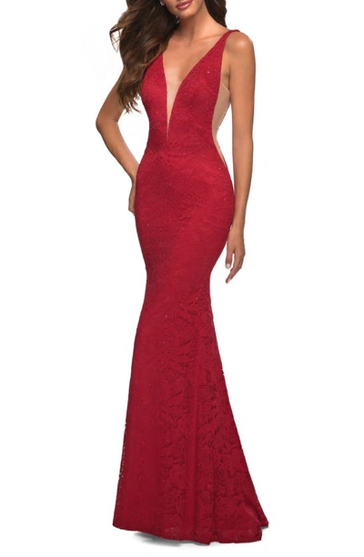 Shop La Femme Illusion Inset Lace Gown In Red