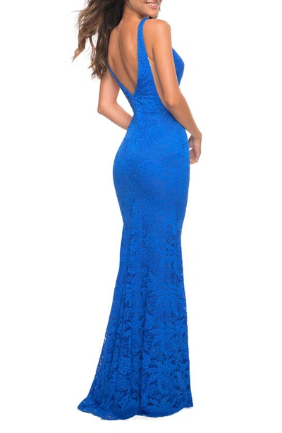 Shop La Femme Illusion Inset Lace Gown In Royal Blue