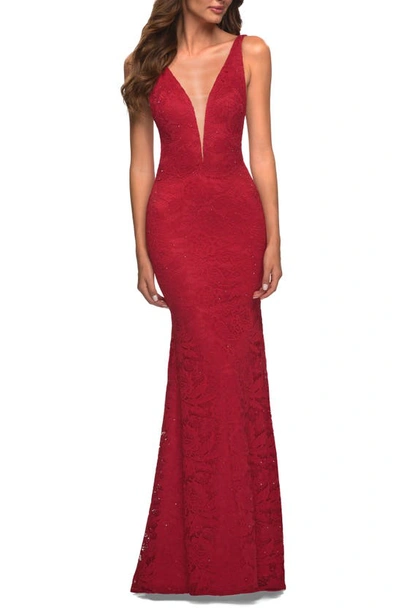 Shop La Femme Illusion Inset Lace Gown In Red