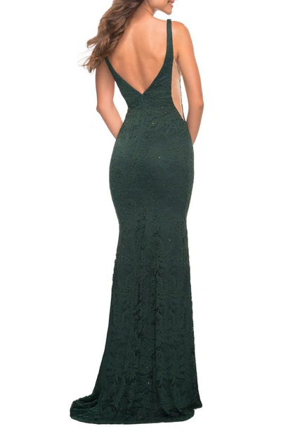 Shop La Femme Illusion Inset Lace Gown In Dark Emerald
