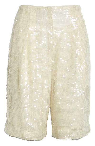Shop Lapointe Sequin High Waist Bermuda Shorts In Cream