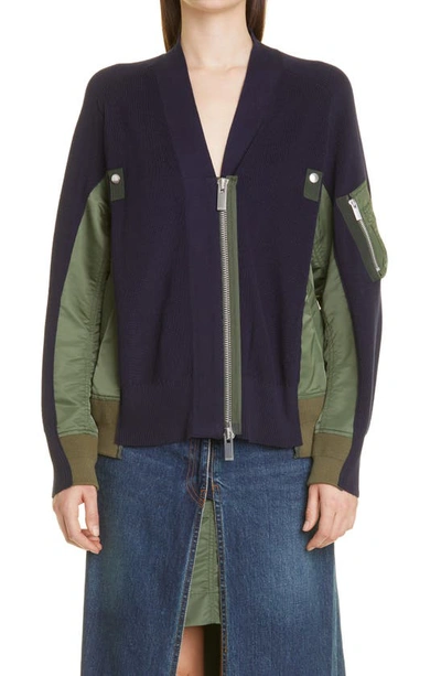 Sacai Wool Knit X Nylon Twill Cardigan In Navy