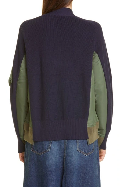 Sacai Wool Knit X Nylon Twill Cardigan In Navy