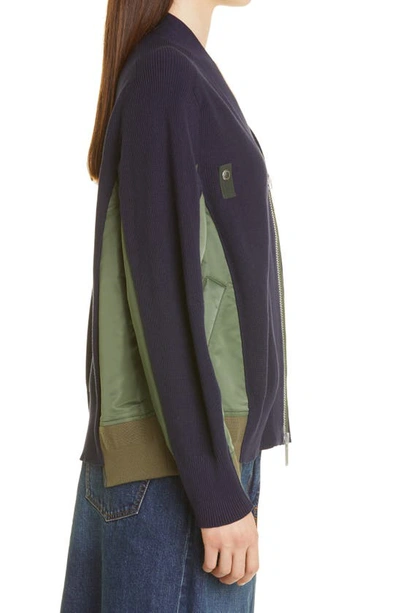 Sacai Wool Knit X Nylon Twill Cardigan In Navy