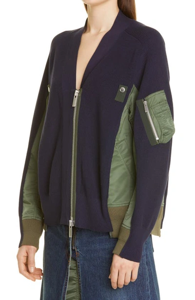 Sacai Wool Knit X Nylon Twill Cardigan In Navy