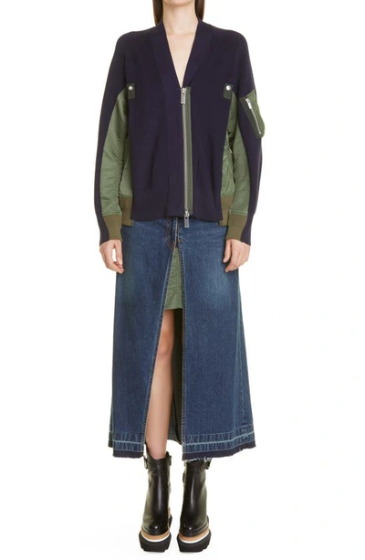 Sacai Wool Knit X Nylon Twill Cardigan In Navy