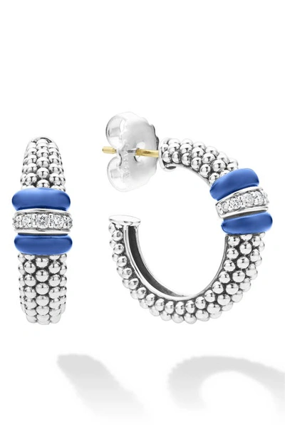 Shop Lagos Blue Caviar Diamond Hoop Earrings In Ultramarine