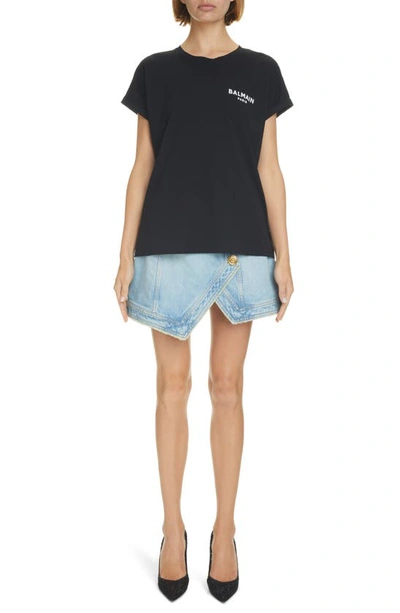 Shop Balmain 4-button Denim Faux Wrap Miniskirt In 6fc Bleu Jean Clair