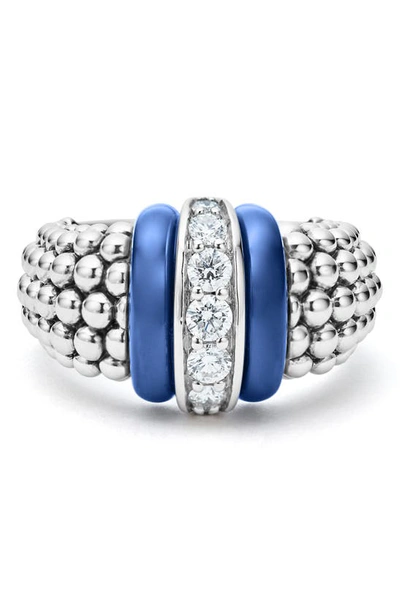 Lagos Sterling Silver Blue Caviar Ultramarine Ceramic Diamond Large 1-link Ring In Ultramarine