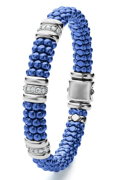 Lagos 18k Yellow Gold & Sterling Silver Diamond Rondelle & Ultramarine Ceramic Caviar Bead Statement Brace In Ultramarine
