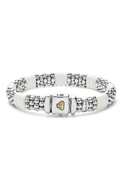 Lagos 18k Yellow Gold & Sterling Silver White Ceramic Rondelle & Caviar Bead Statement Bracelet In White