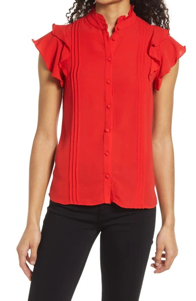 Shop Cece Pintuck Ruffle Short Sleeve Blouse In Red