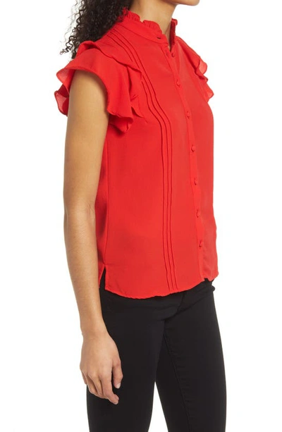 Shop Cece Pintuck Ruffle Short Sleeve Blouse In Red