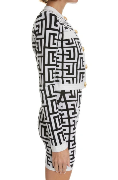 Shop Balmain Maxi Monogram Jacquard Wool Blend Crop Cardigan In Noir Blanc