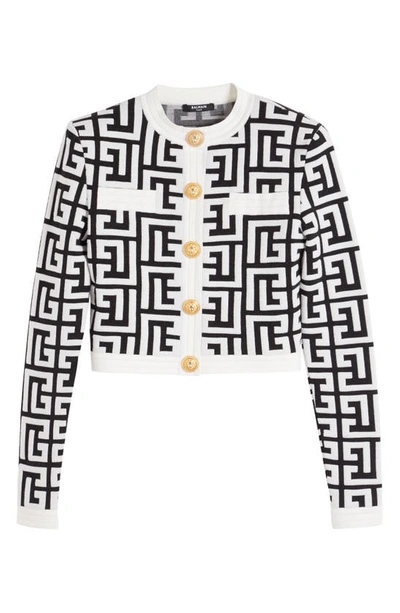 Shop Balmain Maxi Monogram Jacquard Wool Blend Crop Cardigan In Noir Blanc