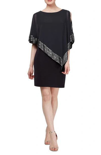 Shop Sl Fashions Foil Trim Asymmetrical Popover Capelet Sheath Dress In Black Silver