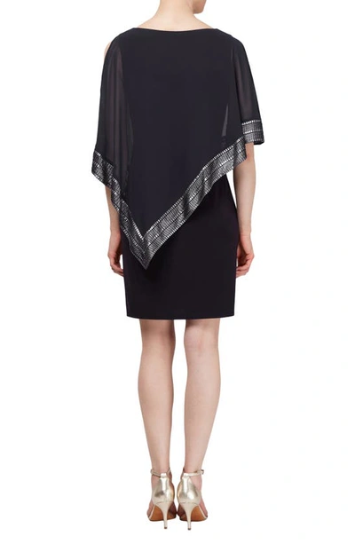 Shop Sl Fashions Foil Trim Asymmetrical Popover Capelet Sheath Dress In Black Silver