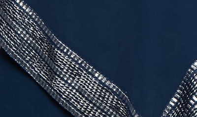 Shop Sl Fashions Foil Trim Asymmetrical Popover Capelet Sheath Dress In Navy Silver