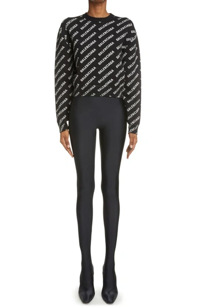 Shop Balenciaga Mini Logo Jacquard Crop Sweater In Black/ White