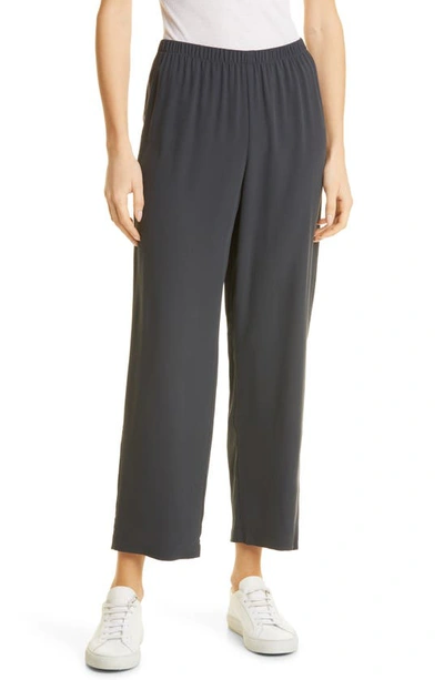 Shop Eileen Fisher Silk Georgette Crepe Ankle Straight Leg Pants In Graphite