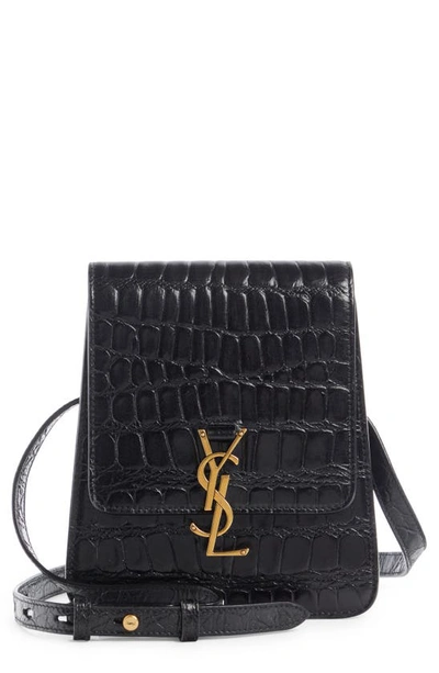 Shop Saint Laurent Kaia North/south Croc Embossed Leather Shoulder Bag In 1000 Nero