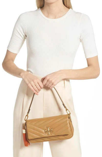 Tory Burch Women's Dusty Almond Brown Kira Chevron Leather Tassel Shoulder  Bag Handbag