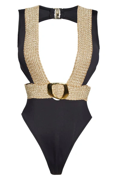 Shop River Island Plunge Neck One-piece Swimsuit In Black