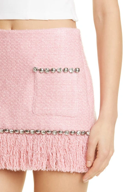 Shop Area Crystal Trim Fringe Tweed Miniskirt In Pale Pink