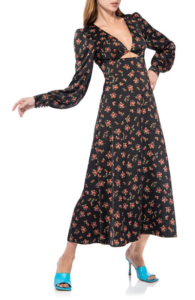 Shop Afrm Viola Cutout Long Sleeve Midi Dress In Noir Rose Garden