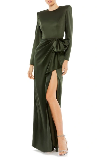 Shop Mac Duggal Satin Bow Long Sleeve Column Gown In Olive