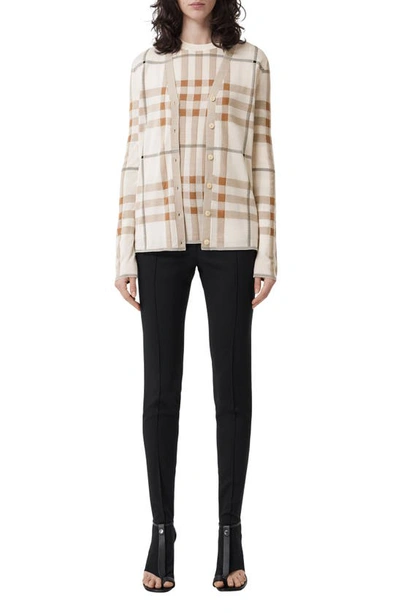 Shop Burberry Ramana Check Jacquard Merino Wool & Silk Blend Cardigan In Soft Sand