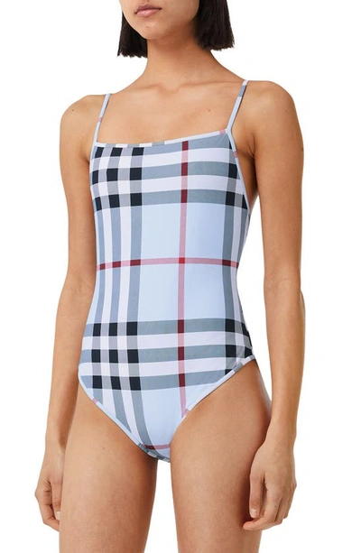 Shop Burberry Delia Check One-piece Swimsuit In Pale Blue Ip Check
