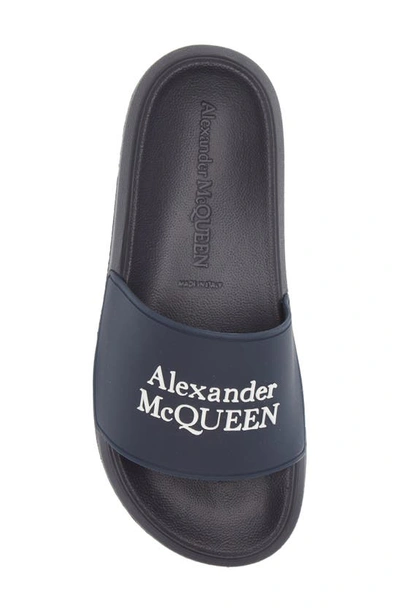 Shop Alexander Mcqueen Logo Slide Sandal In Navy/ White