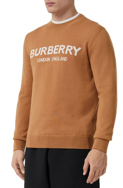 Shop Burberry Fennell Logo Intarsia Wool Blend Crewneck Sweater In Camel