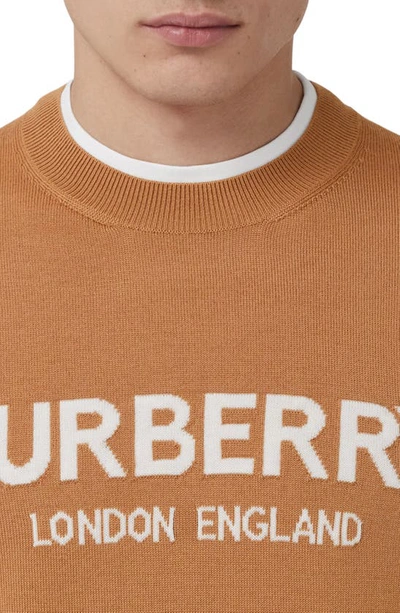 Shop Burberry Fennell Logo Intarsia Wool Blend Crewneck Sweater In Camel