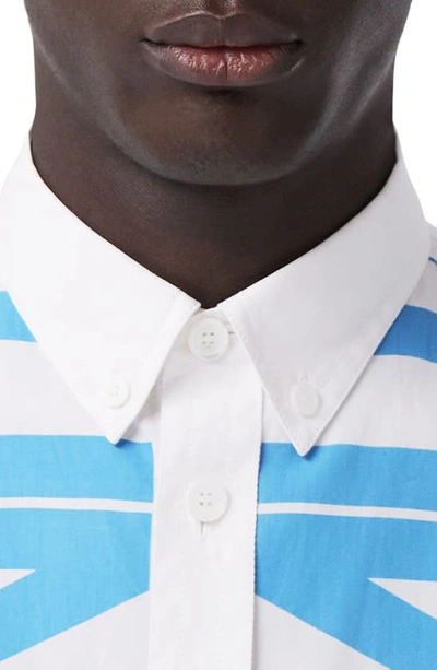 Shop Burberry Universal Passport Slogan Print Sleeveless Button-up Shirt In Blue Topaz Ip Pat