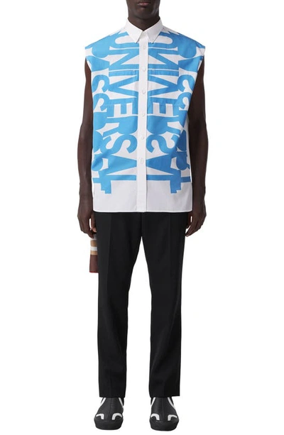 Shop Burberry Universal Passport Slogan Print Sleeveless Button-up Shirt In Blue Topaz Ip Pat