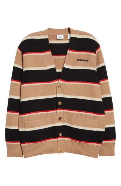 Shop Burberry Oakford Stripe Wool & Cashmere Cardigan In Camel