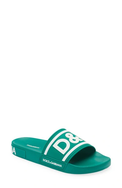Shop Dolce & Gabbana Logo Slide Sandal In Verde/ Bianco