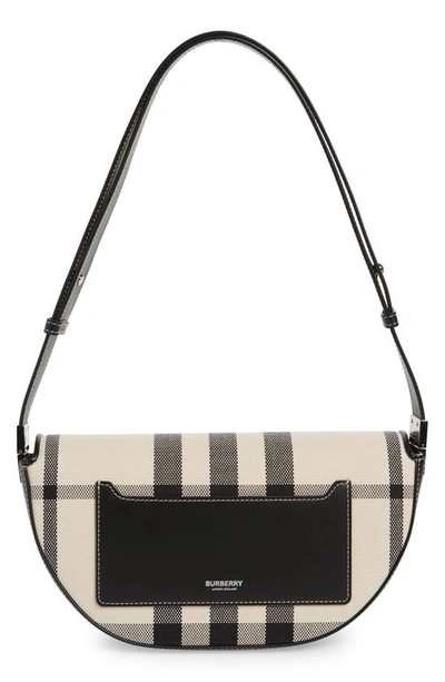 Shop Burberry Olympia Check Canvas Shoulder Bag In Butterbeige/ Black