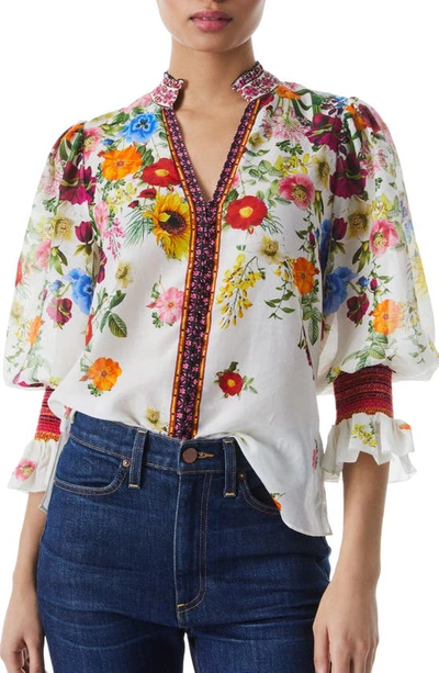 Shop Alice And Olivia Ilan Floral Puff Sleeve Silk & Cotton Blouse In Sunday Stroll Off White/multi