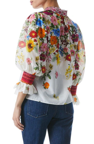 Shop Alice And Olivia Ilan Floral Puff Sleeve Silk & Cotton Blouse In Sunday Stroll Off White/multi