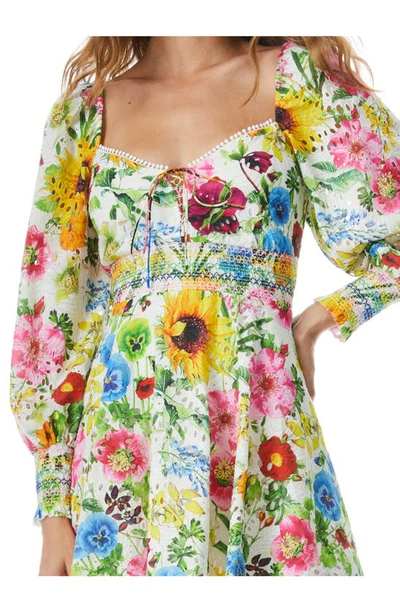 Alice And Olivia Crawford Eyelet Smocked Long Sleeve Cotton Minidress In Sunday Stroll/multi