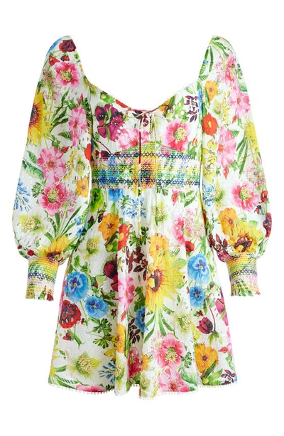 Alice And Olivia Crawford Eyelet Smocked Long Sleeve Cotton Minidress In Sunday Stroll/multi