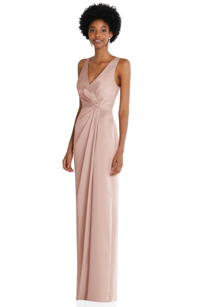 Shop After Six Sleeveless Satin Faux Wrap Gown In Toasted Sugar