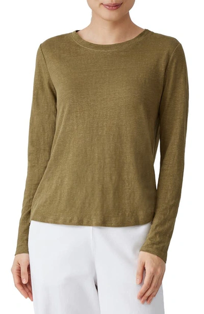 Shop Eileen Fisher Organic Linen Long Sleeve T-shirt In Tarragon