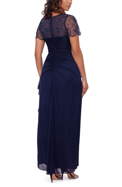 Xscape Beaded Mesh Gown In Navy