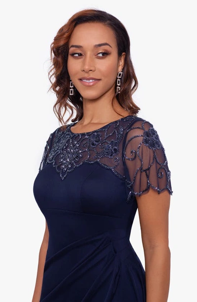 Xscape Beaded Mesh Gown In Navy