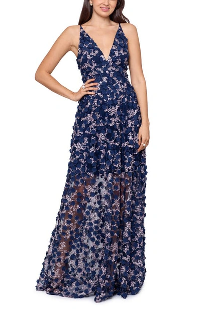 Shop Xscape 3d Floral Sleeveless Gown In Navy/ Blush