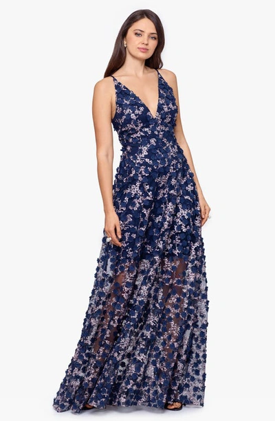 Shop Xscape 3d Floral Sleeveless Gown In Navy/ Blush